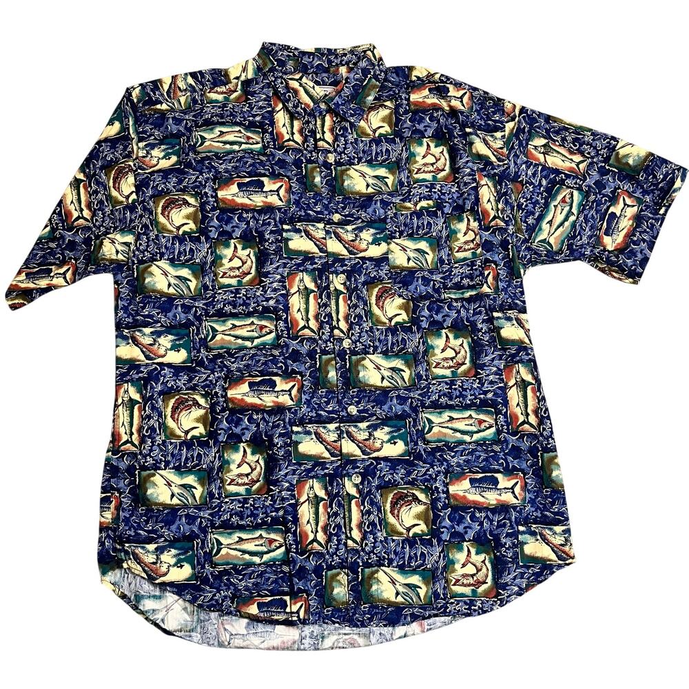Bimini Bay Fish Themed Camp Shirt Button Front 100% Cotton XL‎ (2762)